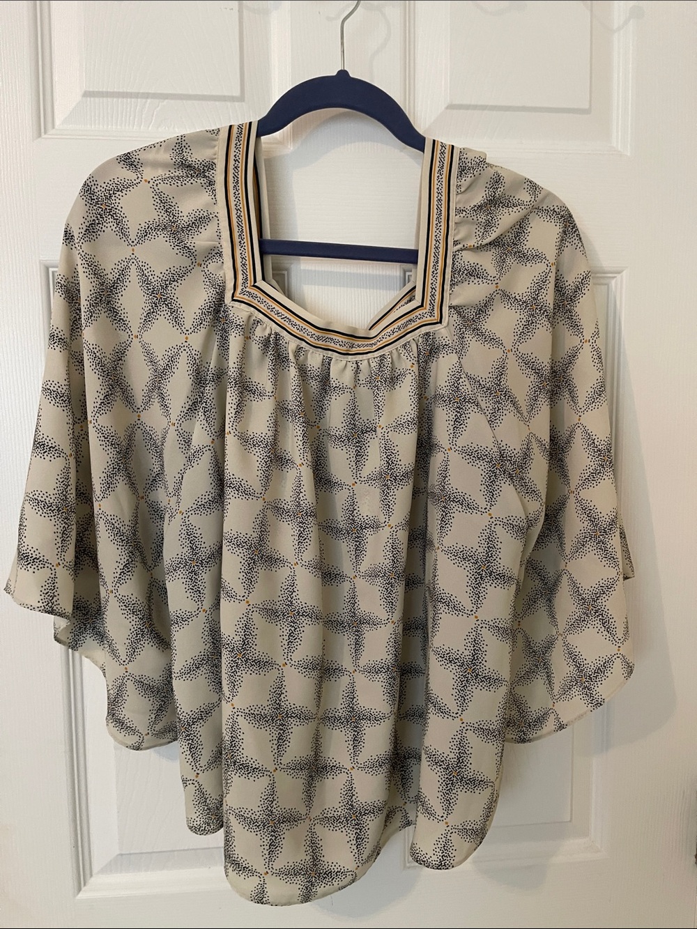 Max Studio Cream Blouse with Navy Dot Star Print